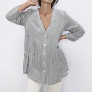 ZARA Women Gray Babydoll Blouse Small 3/4 Sleeve Button Front NWT
